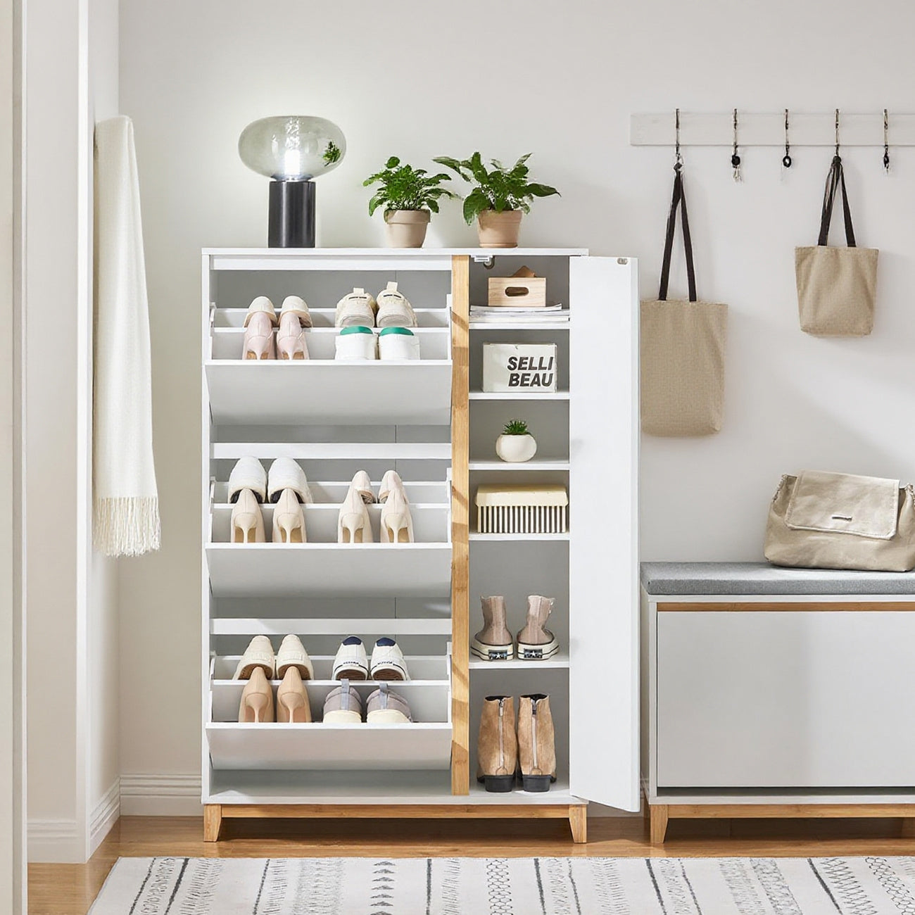 Opvouwbare Eettafel – Uitschuifbare Tafel – Keukentafel – Multifunctionele Tafel – Tafel op Wielen – Met 2 Laden en 1 Kast – 76 x 140 x 74 cm – Grijs/Natuurhout