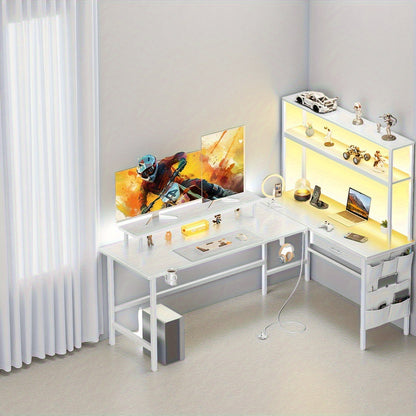 Ergonomische Computerbureau – L-vormig Bureau – Gaming Tafel – Bureau Met Monitorbevestiging – Hoekbureau Met Hoofdtelefoonhaak – Ingebouwde LED Verlichting – 150/170 cm Lang