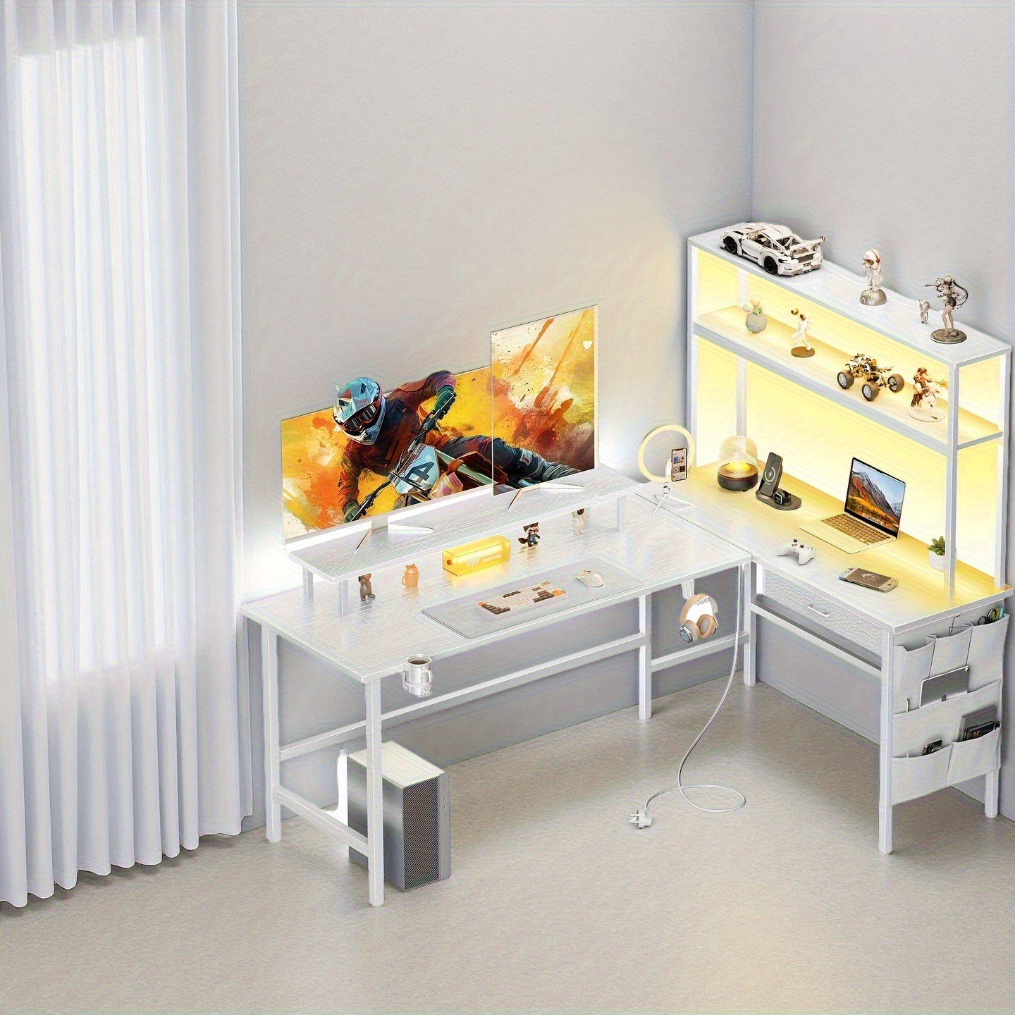 Ergonomisch Hoekbureau – L-vormig Bureau – Gaming Bureau – Computerbureau – Bureau Met LED-verlichting – Verstelbare Monitorstandaard – Hoekbureau 150x100 cm Grijs