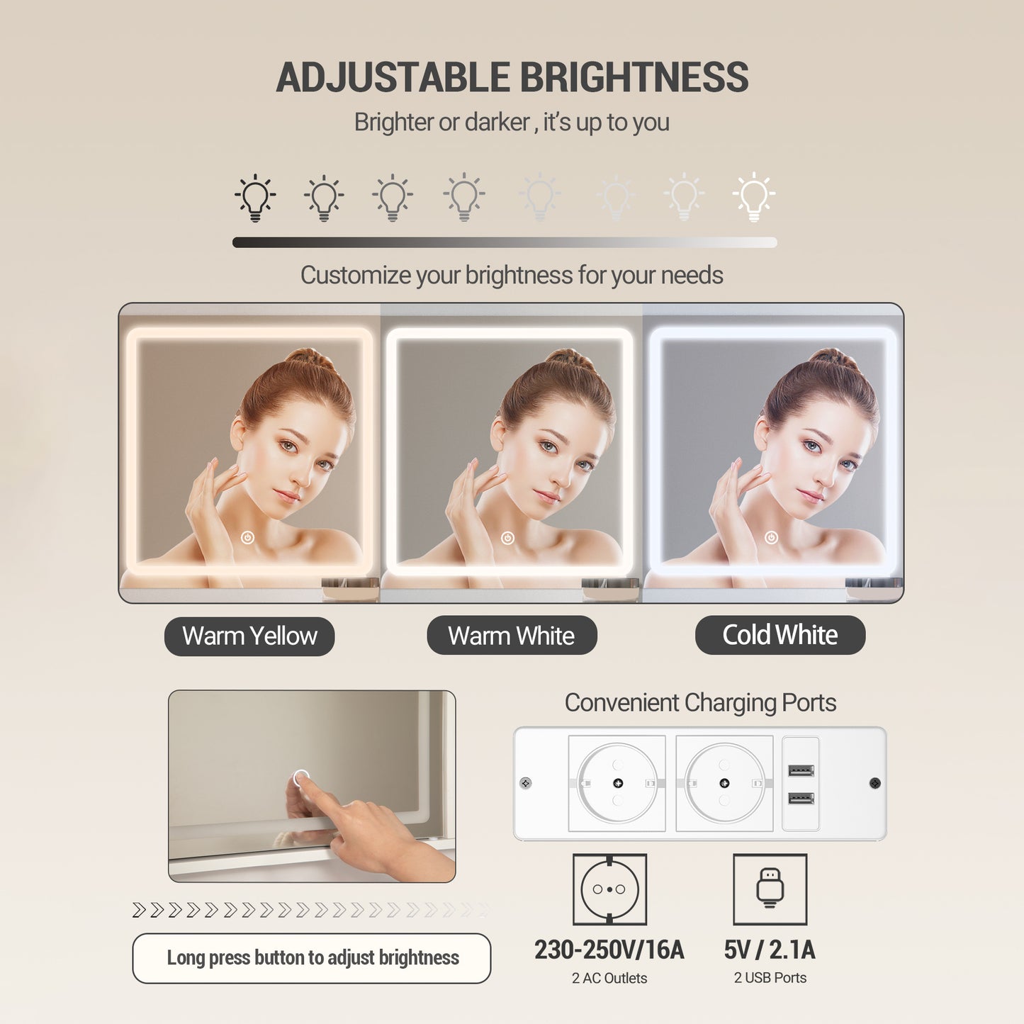 Make-up Tafel – Schminktafel – Visagie Tafel – Kaptafel – Make-up Bureau – Verstelbare LED-verlichting – USB Oplaadstation – Wit – 2 Laden – Zachte Kruk