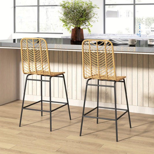 Barstoelen – Barkrukken – Barstoelen Met Rugleuning – Keukenstoelen – Barstoelen Set 2 Stuks – Boho Design – PE Rattan – Inclusief Voetensteun – 42,5x52x102 cm – Geel Zitting Zwart Frame