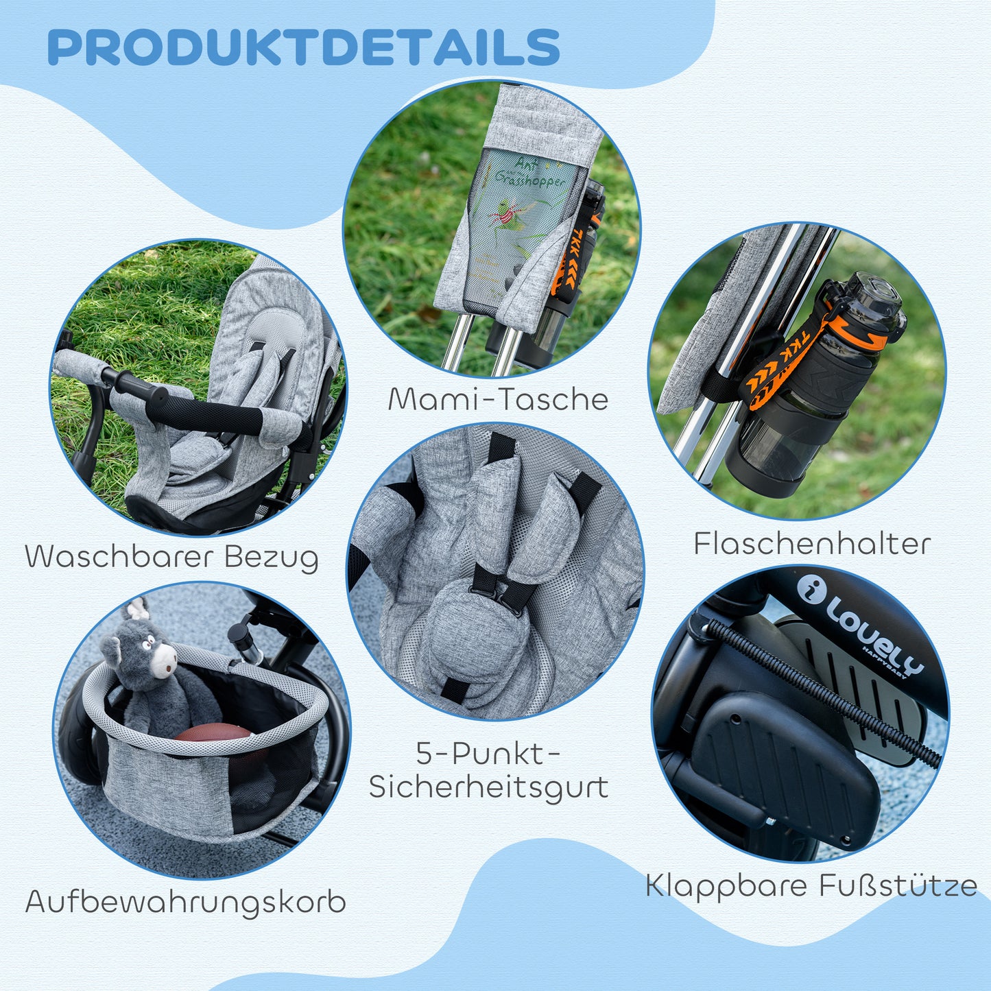 Kinderdriewieler – Driewieler Voor Kinderen – Kinderfiets – Loopfiets – Fiets Met Bekerhouder – Grijs – Met Stevig Metalen Frame – Beschermend Zonnescherm