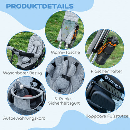 Kinderdriewieler – Driewieler Voor Kinderen – Kinderfiets – Loopfiets – Fiets Met Bekerhouder – Grijs – Met Stevig Metalen Frame – Beschermend Zonnescherm