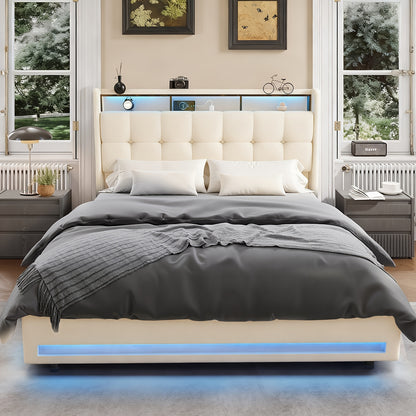 Upholstered Ottoman Bed with Hydraulic Lift & LED Storage Headboard | 140x200cm Double Bed Frame, Grey, Powered, Contemporary Style, Assembled - Oyajia