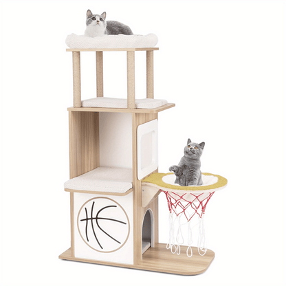 Krabpaal – Krabmeubel – Kattenboom – Kattenhuis – Kattenmeubel – 120 cm Hoog – Natuurlijke Houten Constructie Met Hangmat Basketballoop