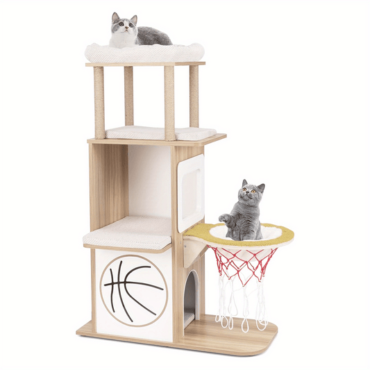 Krabpaal – Krabmeubel – Kattenboom – Kattenhuis – Kattenmeubel – 120 cm Hoog – Natuurlijke Houten Constructie Met Hangmat Basketballoop