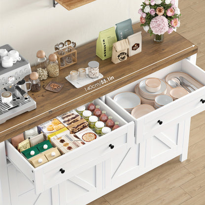 Dressoir – Sideboard – Buffetkast – Opbergkast – Keukenkast – 140 cm breed – Verstelbare plank – Wit frame met bruin houten blad