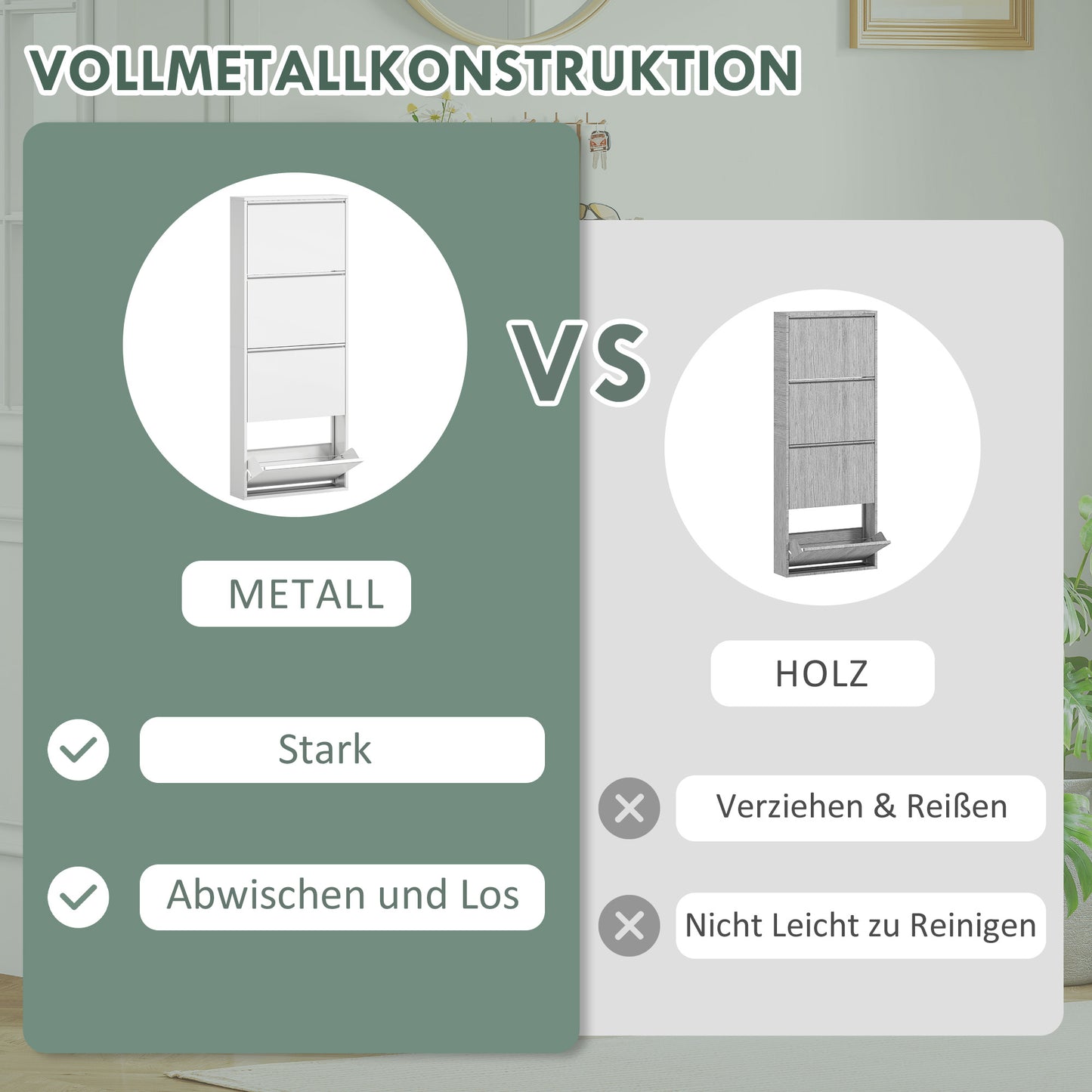 Schoenenkast – Schoenenrek – Schoenenopberger – Schoenenbank – Smalle Metalen Kast – 4 Kantelbare Lades – Geschikt Voor 8 Paar Schoenen – Wit