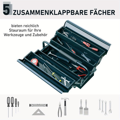 Gereedschapskist – Gereedschapsbox – Opbergkist – Gereedschapsdoos – Opbergbak – Donkergroen Staal – 5 Vakjes Inklapbaar – 45x22,5x34,5 cm Compact & Robuust