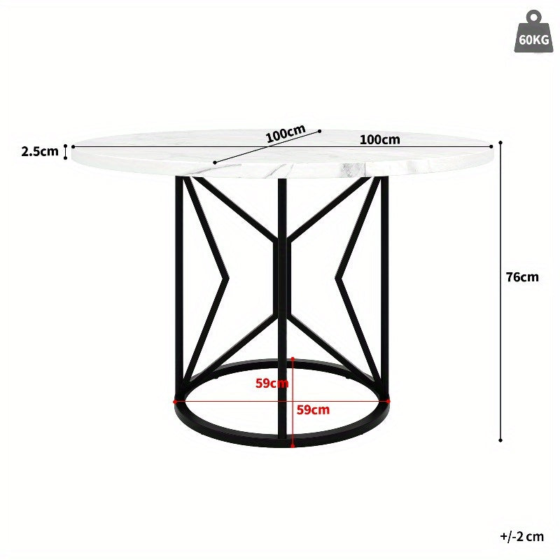 Round Dining Table 100cm/39.37" Marble-Like White & Grey Top with Black Metal Legs - Sturdy Geometric Base, Space-Saving Design for 4-6 People, Classic Modern Kitchen/Dining/Living Room Table, Easy-Clean Surface, No Assembly