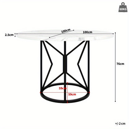 Round Dining Table 100cm/39.37" Marble-Like White & Grey Top with Black Metal Legs - Sturdy Geometric Base, Space-Saving Design for 4-6 People, Classic Modern Kitchen/Dining/Living Room Table, Easy-Clean Surface, No Assembly