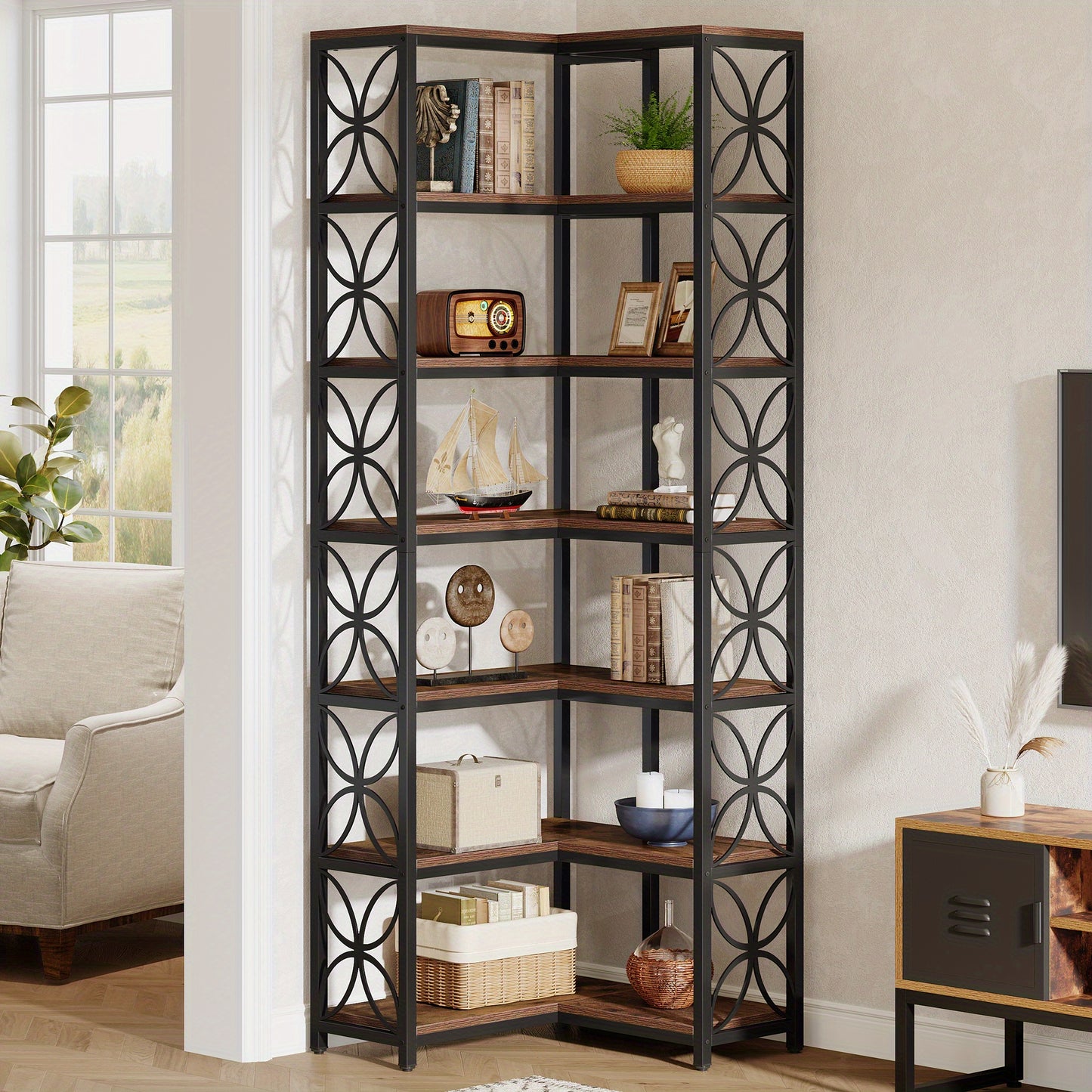 79-Inch Tall 7-Tier L-Shaped Corner Bookcase with Metal Frame - Heavy-Duty Freestanding Storage Shelf, Space-Saving Curved Design, Engineered Wood & Metal Construction, Contemporary Modern Style in Rustic Brown & Black for Li