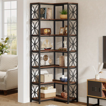 79-Inch Tall 7-Tier L-Shaped Corner Bookcase with Metal Frame - Heavy-Duty Freestanding Storage Shelf, Space-Saving Curved Design, Engineered Wood & Metal Construction, Contemporary Modern Style in Rustic Brown & Black for Li