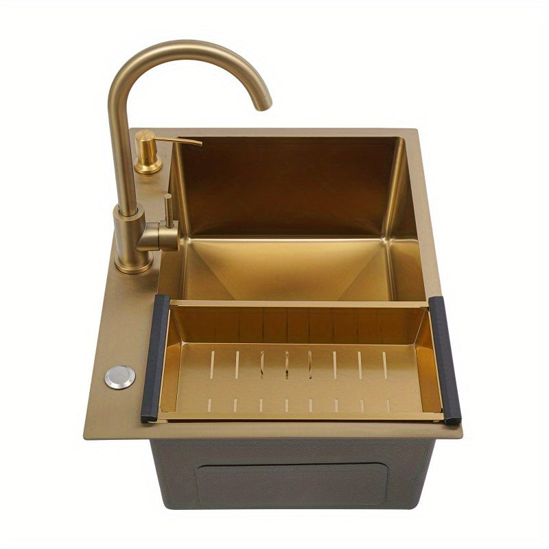 Keukenspoelbak – Spoelbak – Inbouwspoelbak – RVS Spoelbak – Goudkleurige Spoelbak – 60x45 cm – Roestvrij Staal Met Accessoires