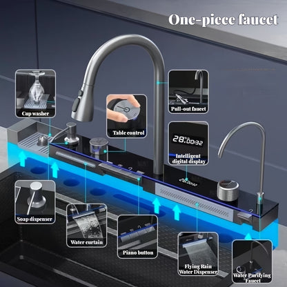 Large Stainless Steel Kitchen Sink with Double Waterfall Design, Intelligent Digital Display & Ambient Lighting – Durable 304 Stainless Steel, Thickened & Embossed for Wear-Resistance, Multifunctional for Washing Vegetables