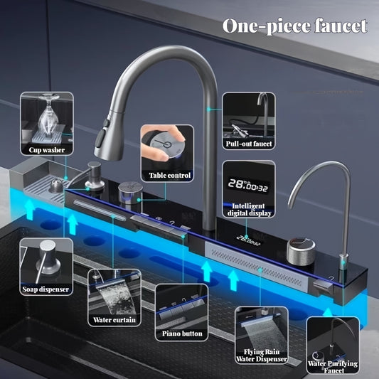 Large Stainless Steel Kitchen Sink with Double Waterfall Design, Intelligent Digital Display & Ambient Lighting – Durable 304 Stainless Steel, Thickened & Embossed for Wear-Resistance, Multifunctional for Washing Vegetables