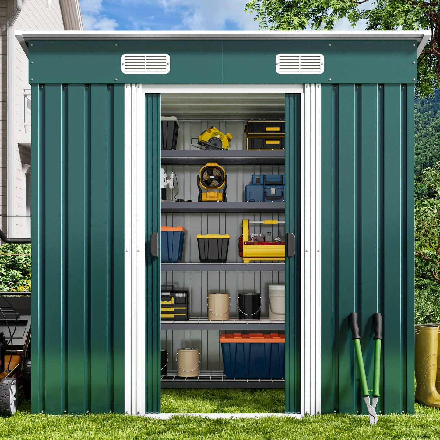 Tuinhuisje – Tuinschuur – Berging – Gereedschapsschuur – Metaalberging – Gegalvaniseerd Staal – Ventilatiesysteem – 183x109x182 cm – Groen/Grijs
