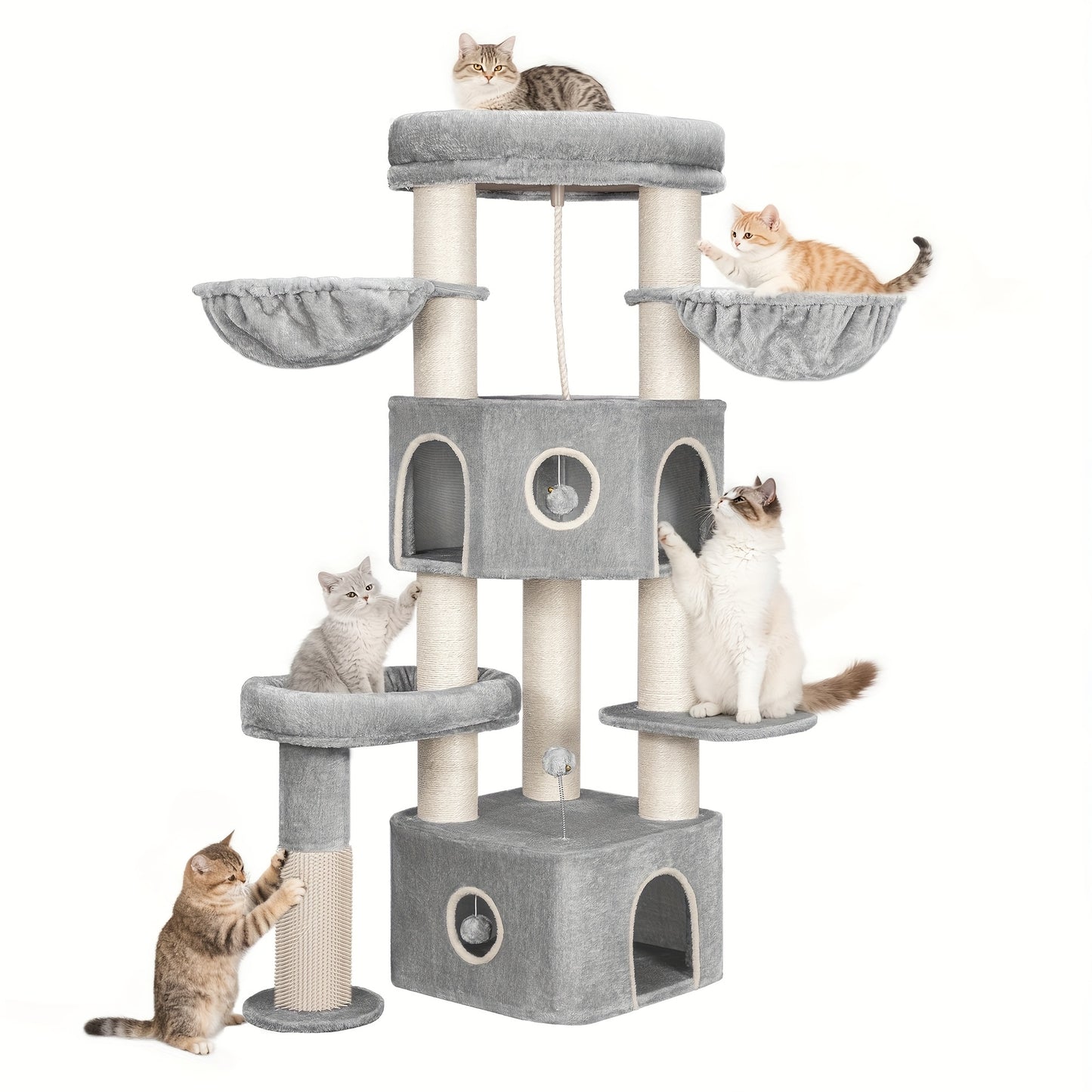for large Cat Tree Tower for Indoor Cats - Multi-Level Cat Activity Center with Scratching Post, 3 Perches, 2 Caves, Lookout Deck & Pompom - Sturdy Cat House Furniture with Soft Cushioned Platforms, Dangling & Hanging Platfor - QUORE