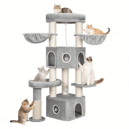 for large Cat Tree Tower for Indoor Cats - Multi-Level Cat Activity Center with Scratching Post, 3 Perches, 2 Caves, Lookout Deck & Pompom - Sturdy Cat House Furniture with Soft Cushioned Platforms, Dangling & Hanging Platfor - QUORE