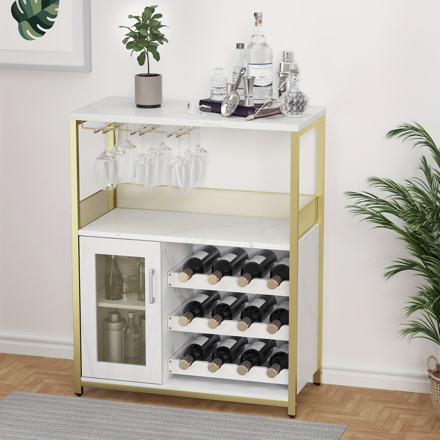 Three-layer bar cabinet with wine rack and a large storage space, buffet cabinet with glass rack and mesh door, suitable for kitchen, living room and bar, 69x35x92cm, Kitchen Storage Solution, Wine Rack Cabinet, Multi-Level S