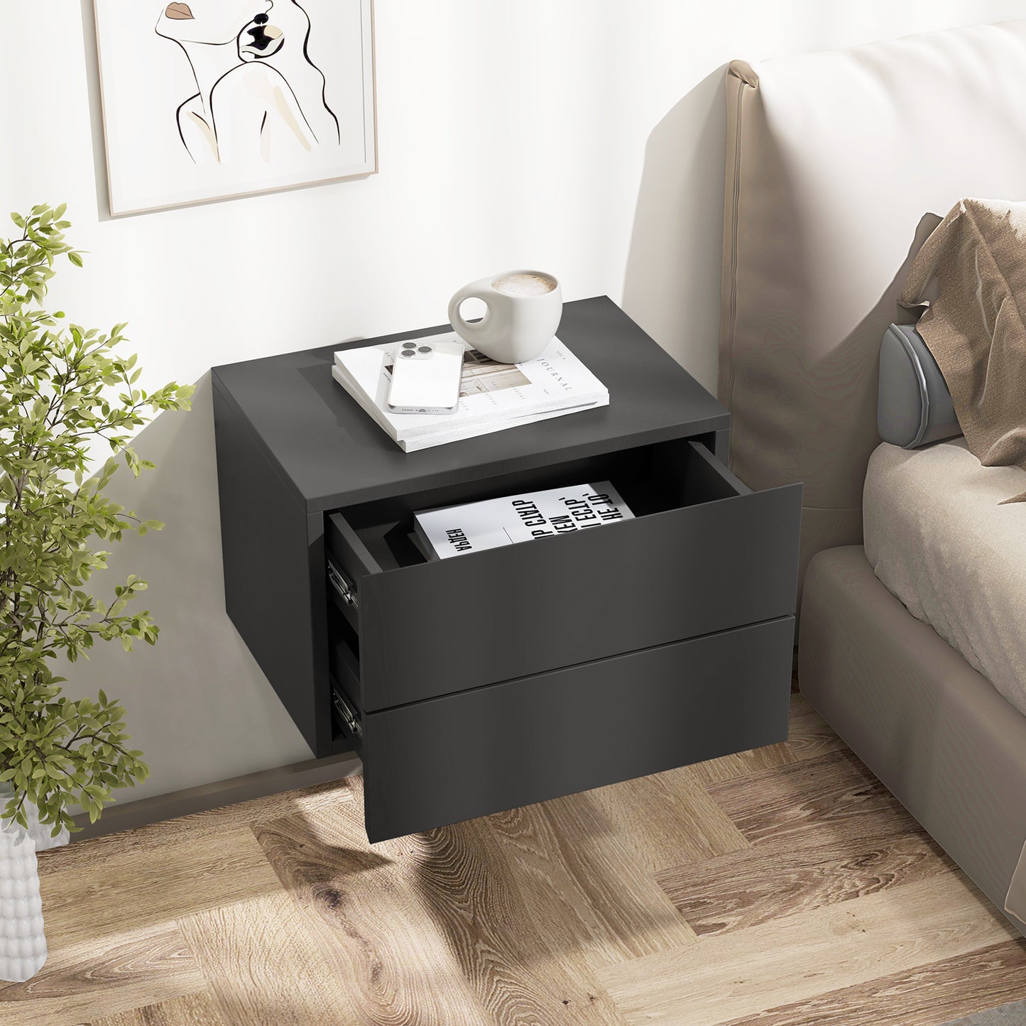 Zwevend Nachtkastje – Wandkastje – Bedside Table – Nachtmeubel – Opbergkastje – Set Van 2 – Met 2 Lades – Muurbevestiging Voor Stevige Muren – Strak Grijs Design