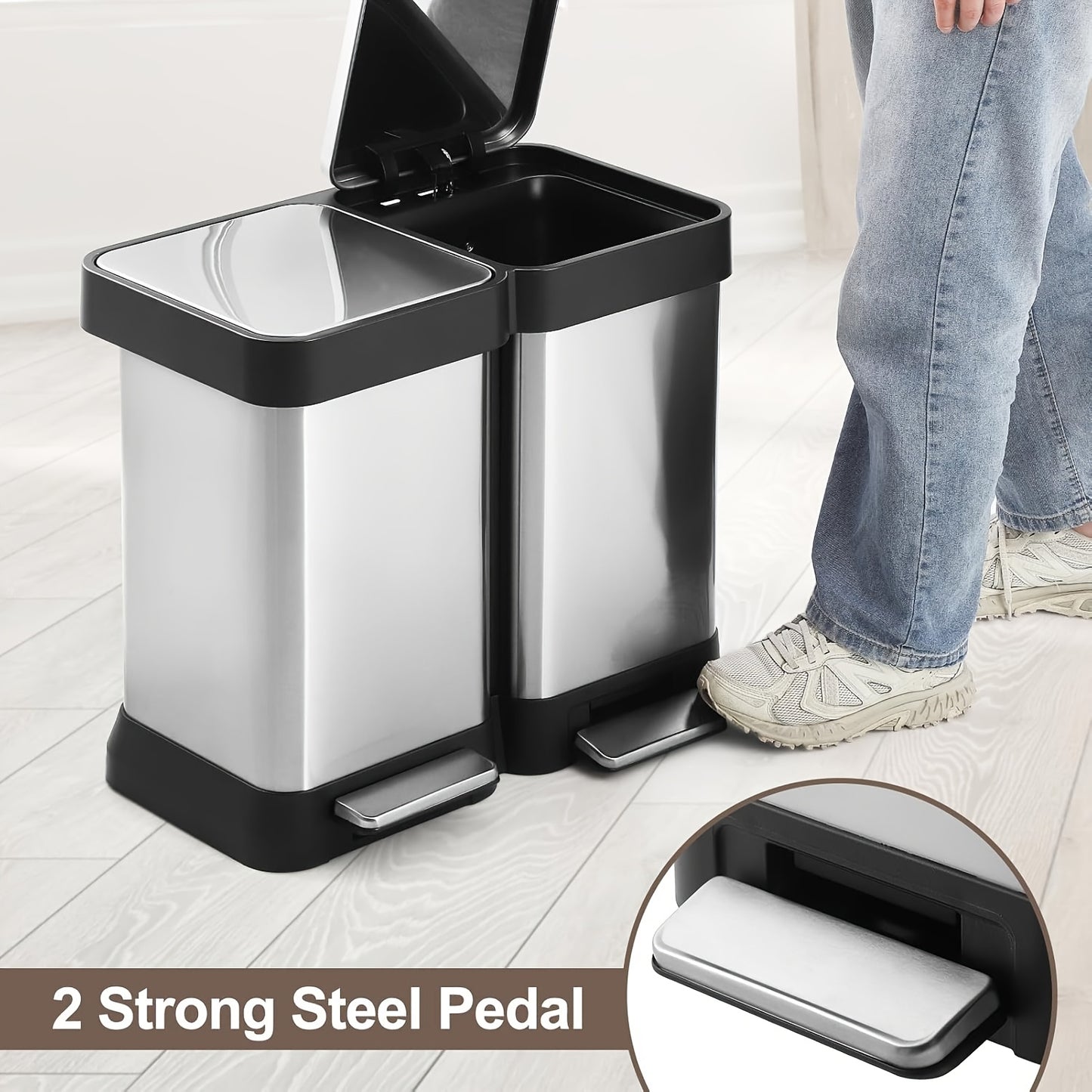Afvalbak – Prullenbak – Vuilnisbak – Recyclingbak – Afvalemmer – 40L Dual Compartiment – Roestvrijstaal Vingerafdrukbestendig – Handsfree Voetpedaal