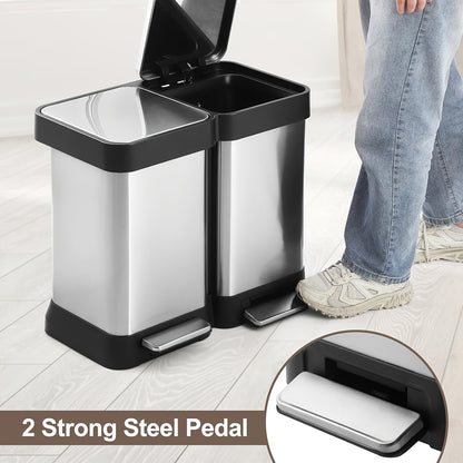 Afvalbak – Prullenbak – Vuilnisbak – Recyclingbak – Afvalemmer – 40L Dual Compartiment – Roestvrijstaal Vingerafdrukbestendig – Handsfree Voetpedaal