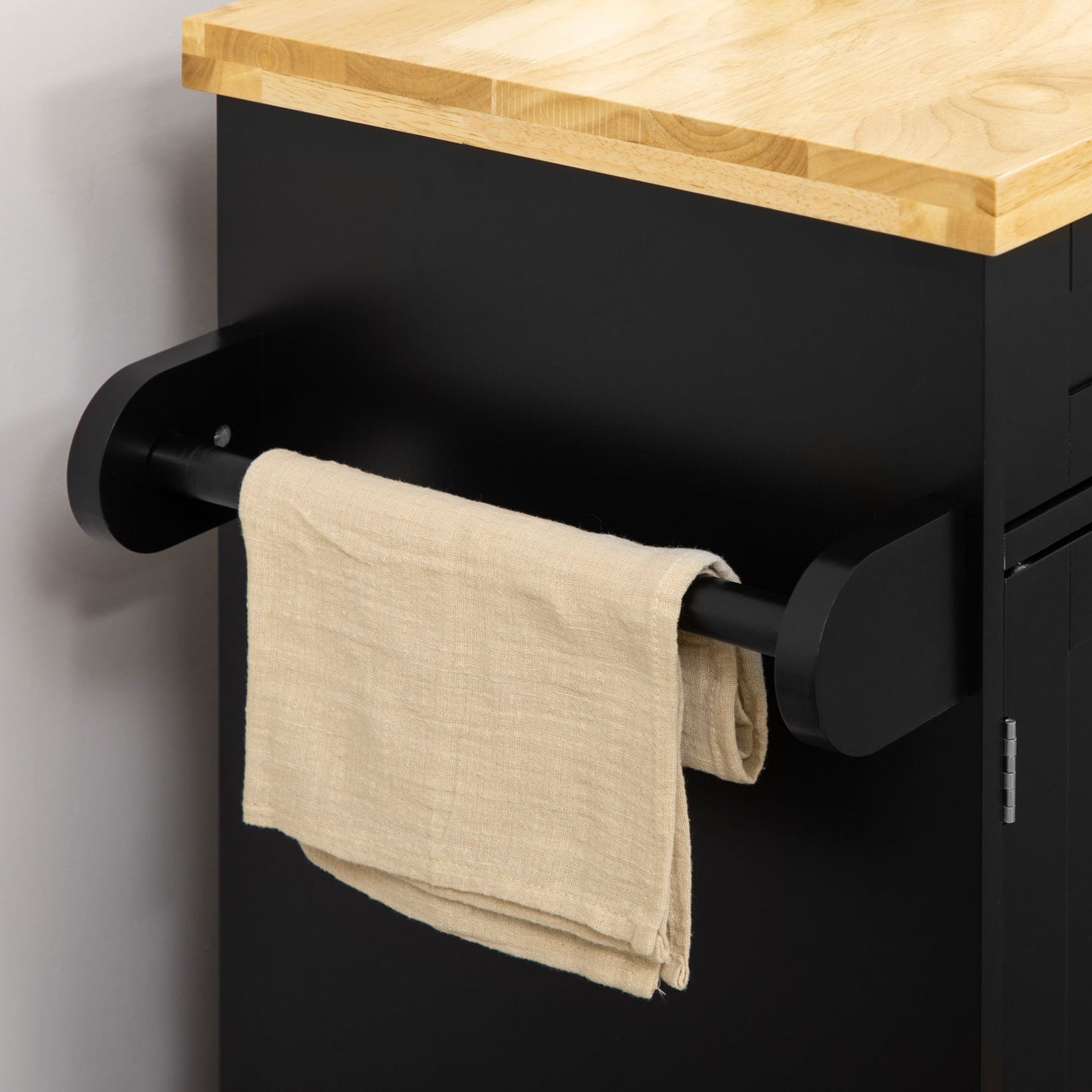Keukentrolley – Serveerwagen – Keukenwagen – Opbergtrolley – Keukenrek – Met Kruidenrek & Handdoekhouder – Zwart MDF & Rubber Werkblad 109x40x89 cm