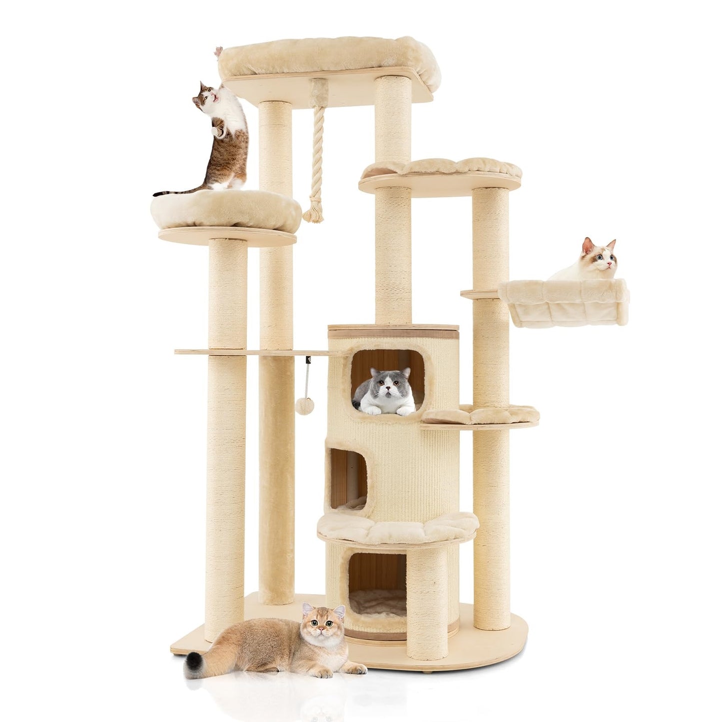 Krabpaal Kat – Klimpaal Kattenmeubel – Krabboom Kattenhuis – Kattenboom Met Hol – Beige Kattenmeubel – 173 Cm Hoog – Stevig Massief Hout Met Sisal