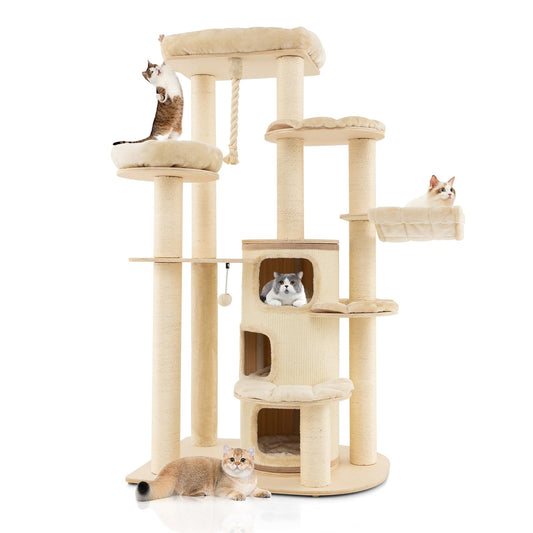 Krabpaal Kat – Klimpaal Kattenmeubel – Krabboom Kattenhuis – Kattenboom Met Hol – Beige Kattenmeubel – 173 Cm Hoog – Stevig Massief Hout Met Sisal