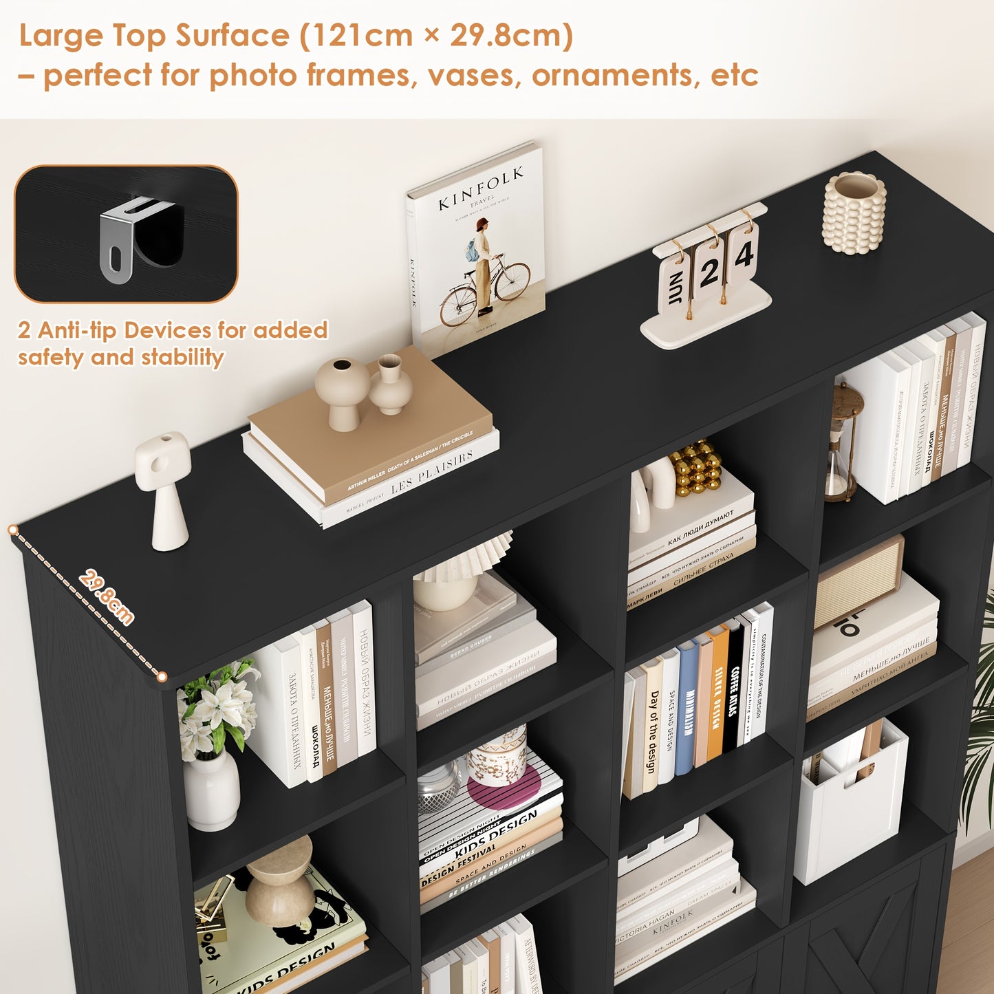 Hoge Boekenkast – Boekenkast Met Deuren – Opbergkast – Vitrinekast – Kast Voor Woonkamer – Zwart – 12 Compartimenten – Ruimtebesparend Verticaal Design