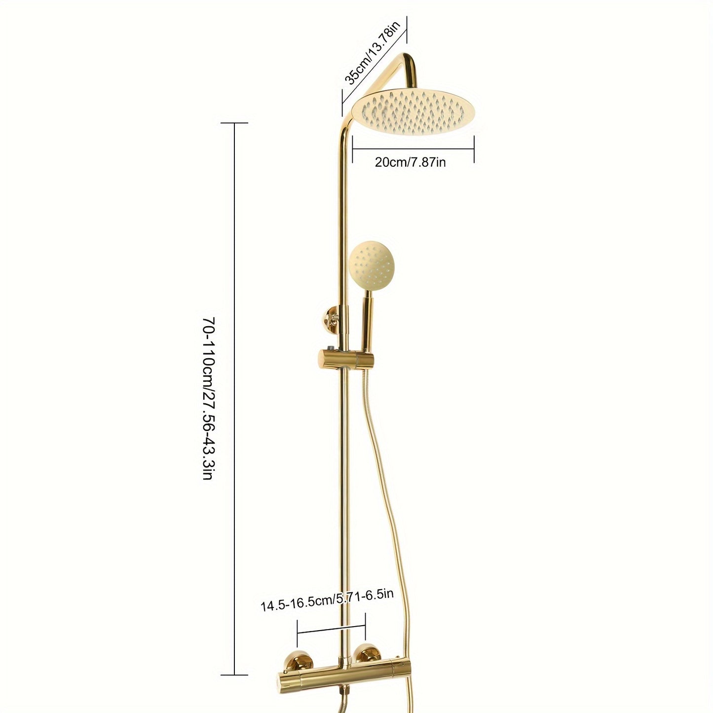 Douchesysteem – Regendouche – Douchekolom – Douchekraan – Doucheplaat – Thermostatisch – Messing Goud – 20 cm Regendouchekop – Verstelbare Hoogte 70-110 cm