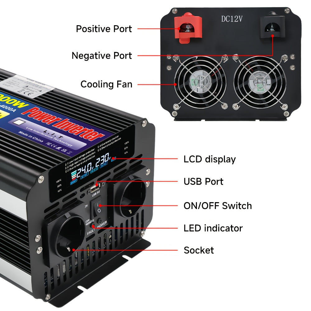 Stroomomvormer – Spanningsomvormer – Omvormer – Inverter – Converter – 24V naar 220V – 4000W Continu Vermogen – LCD Display en Draadloze Afstandsbediening