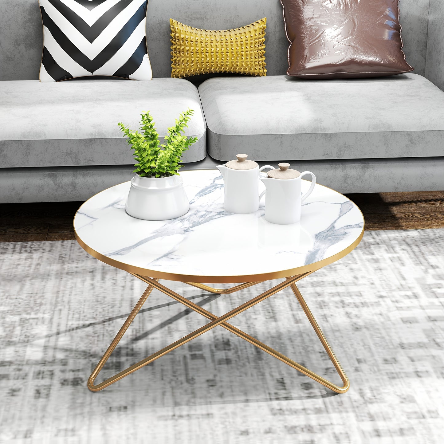 Ronde Bijzettafel – Side Table – Salontafel – Nachtkastje – Tafel – Marmerlook Met Gouden Aders – Stevige MDF Constructie – Compact Formaat Ø 89,99 cm x 34,04 cm
