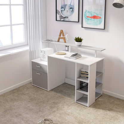 Computertafel – Bureau – Werkplek – Study Desk – Kantoormeubel – Met Geïntegreerde Boekenkast – Ruime Opbergladen – Modern Metaal en Hout – Wit Grijs