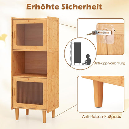 Keukenkast – Opbergkast – Buffetkast – Kast – Keukenrek – Bamboe – 3 Compartimenten – Acryldeuren – 49,5x40x130 cm – Vrijstaand