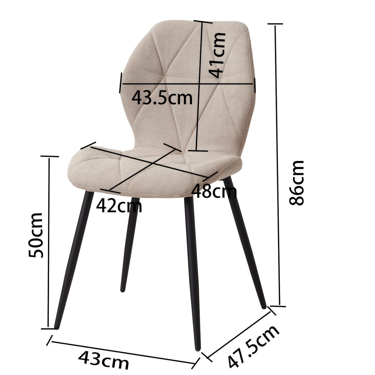 Set van 4 Eetkamerstoelen – Radar Stoelen met Linnen Bekleding en Diamantpatroon – Khaki, Zwarte Poten – Modern en Eigentijds