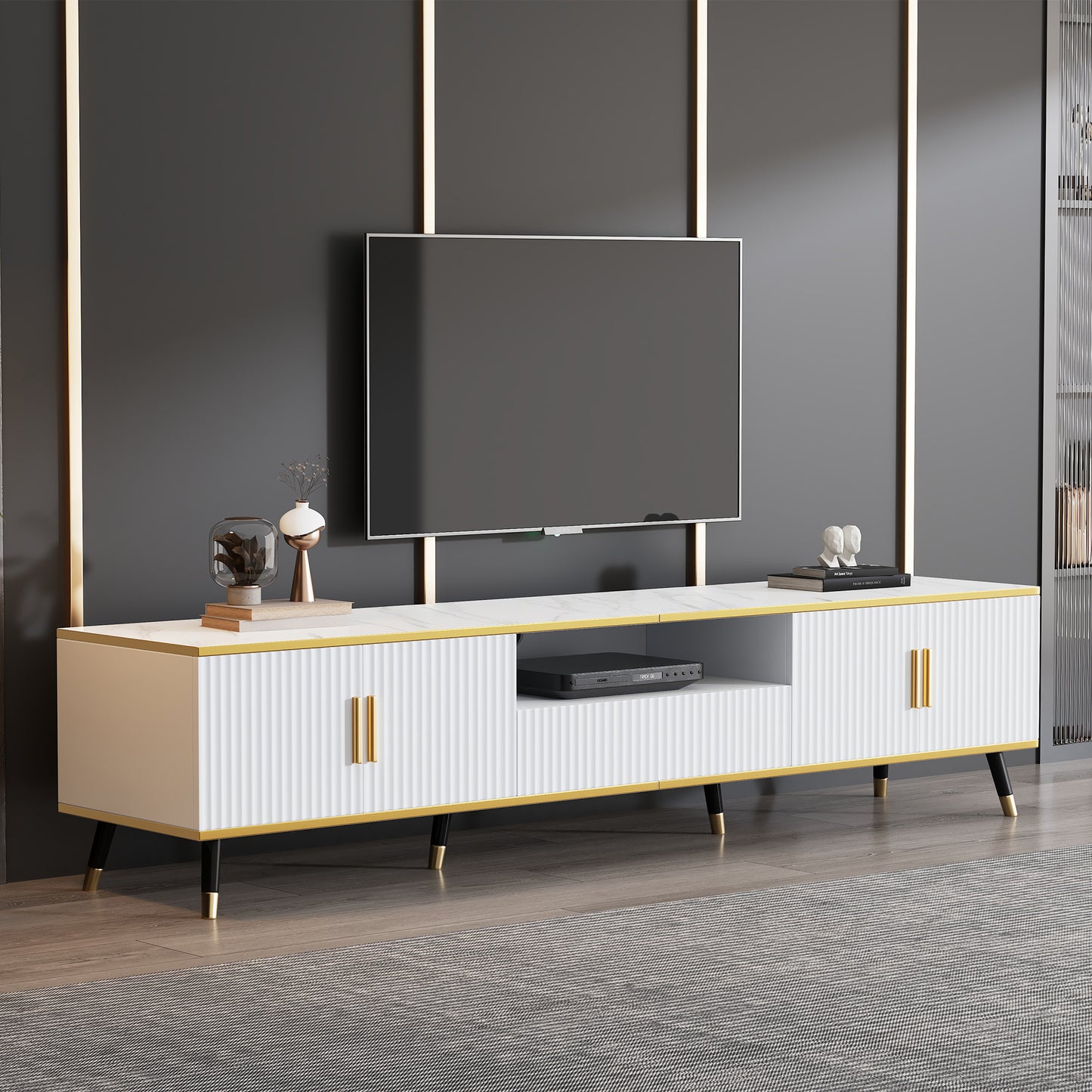 BTM Tv-Lowboard 200×40×46 Cm, Modern TV Board in White with Marble Optic, TV Table / TV Cabinet / TV Furniture for Tvs Up to 90 Inches, Living Room Furniture with Doors, Drawer & Open Shelf
