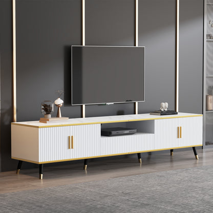 BTM Tv-Lowboard 200×40×46 Cm, Modern TV Board in White with Marble Optic, TV Table / TV Cabinet / TV Furniture for Tvs Up to 90 Inches, Living Room Furniture with Doors, Drawer & Open Shelf