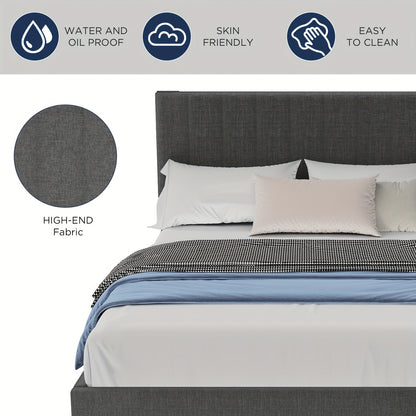 Bedframe – Bed – Slaapbank – Ledikant – Boxspring – Grijs Linnen – Stevig Houten Frame – 200x140 cm