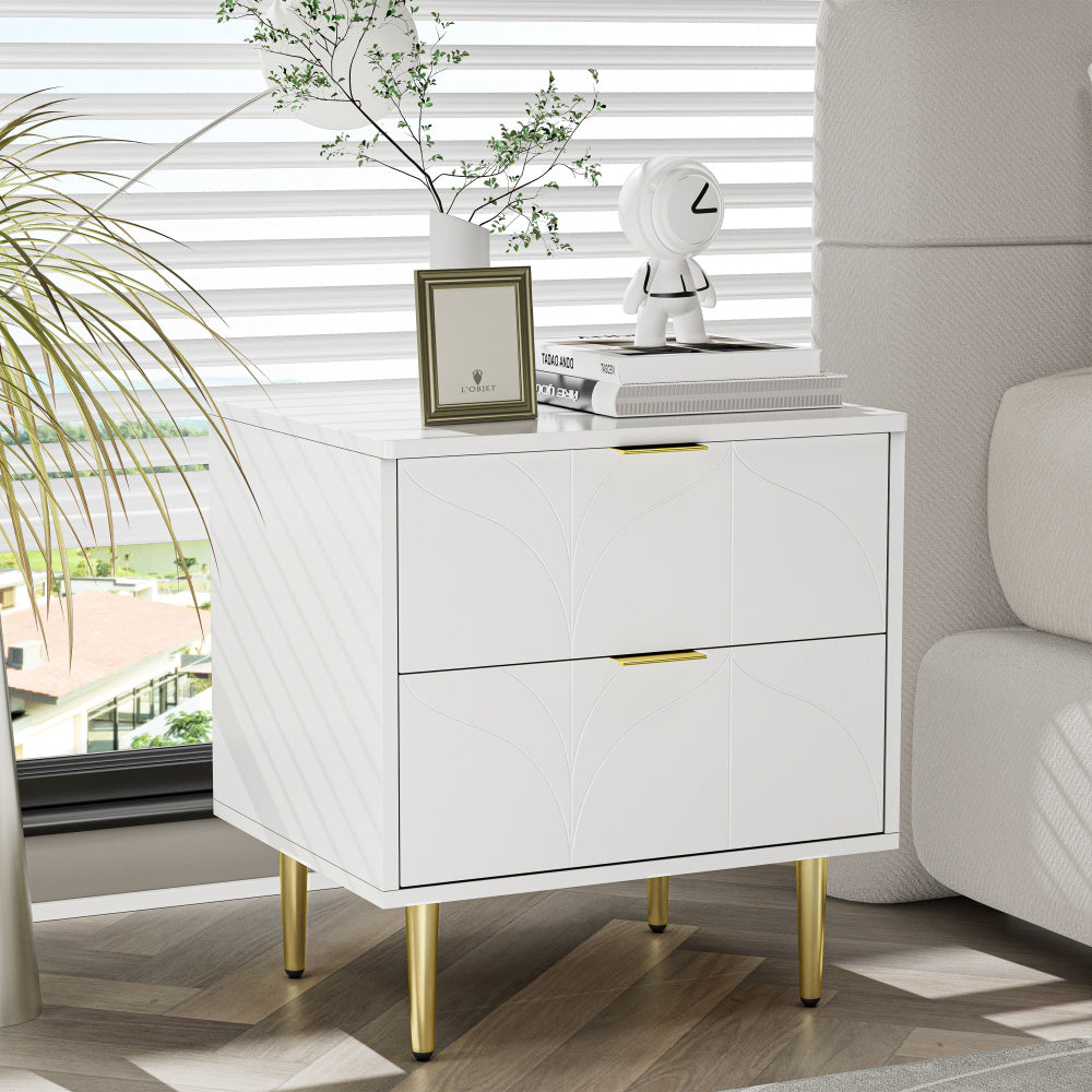 Nachtkastje – Bedkastje – Bedtafel – Slaapkamerkastje – Ladekast – Hoogglans Wit – Set Van 2 – Anti-Bots Hoeken – 2 Lades – Compact Formaat 50x40x54 cm