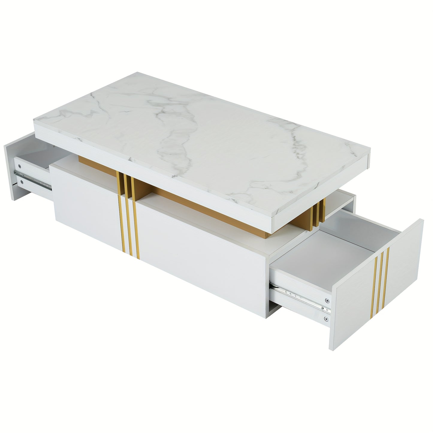 Modern Rectangular Coffee Table, High-gloss Tabletop with 2 Wooden Drawers, Marble Top, for Living Room, 100*50*40cm