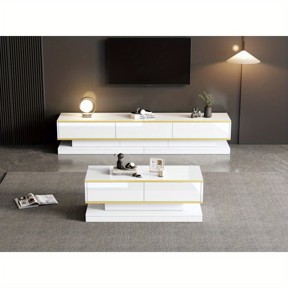 tv-meubel – tv-kast – tv-console – salontafel – woonkamermeubel – Hoogglans Wit Met Gouden Accenten – 3 Laden Tv-meubel & 2 Laden Salontafel