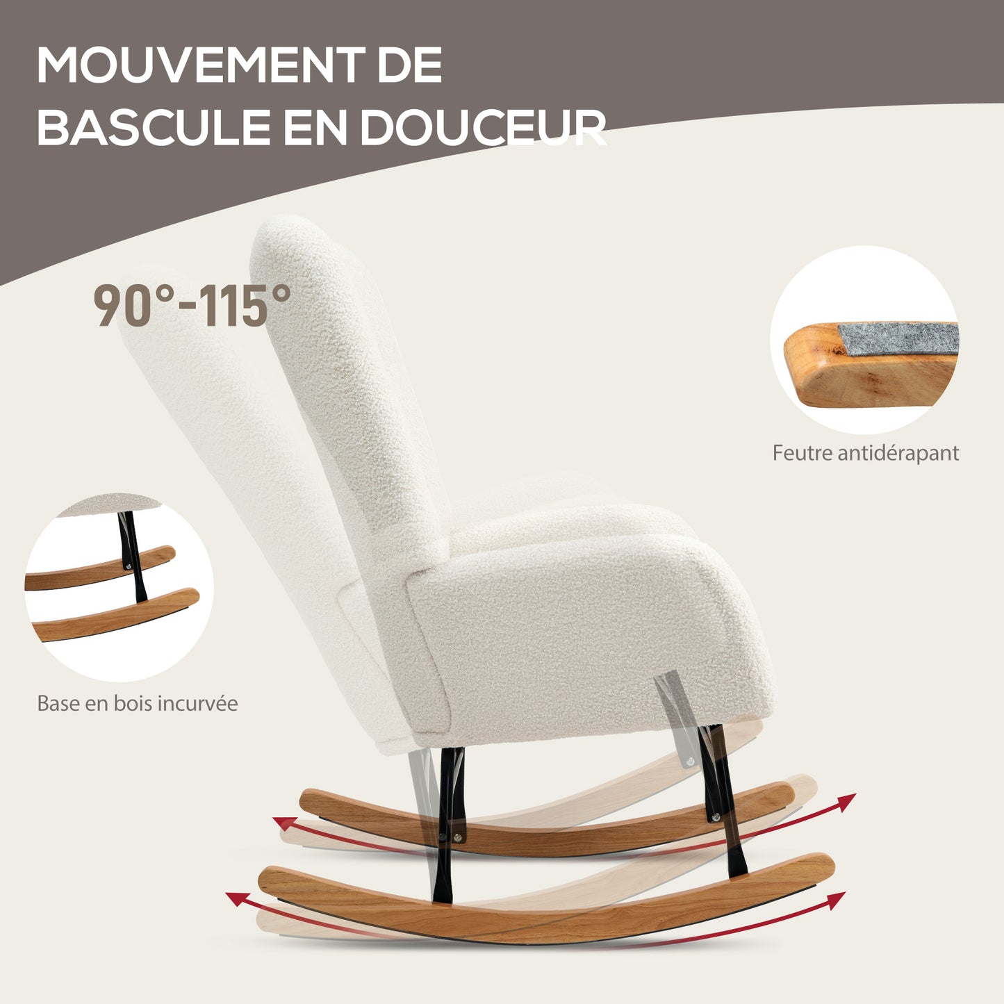 Schommelstoel – Relaxstoel – Fauteuil – Voedingsstoel – Loungestoel – Wool-Effect Stof – Stevig Rubberwood Onderstel – 70x94x100 cm