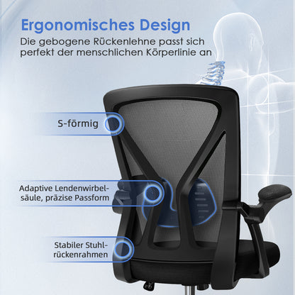 Aiidoits Ergonomic Office Chair with Breathable Mesh Back, Foldable Armrests And Adjustable Lumbar Support – Office Chair with Memory Foam Seat, Tilt Function, 360° Rotation And Stable 5-Roller Base – Height Adjustable A