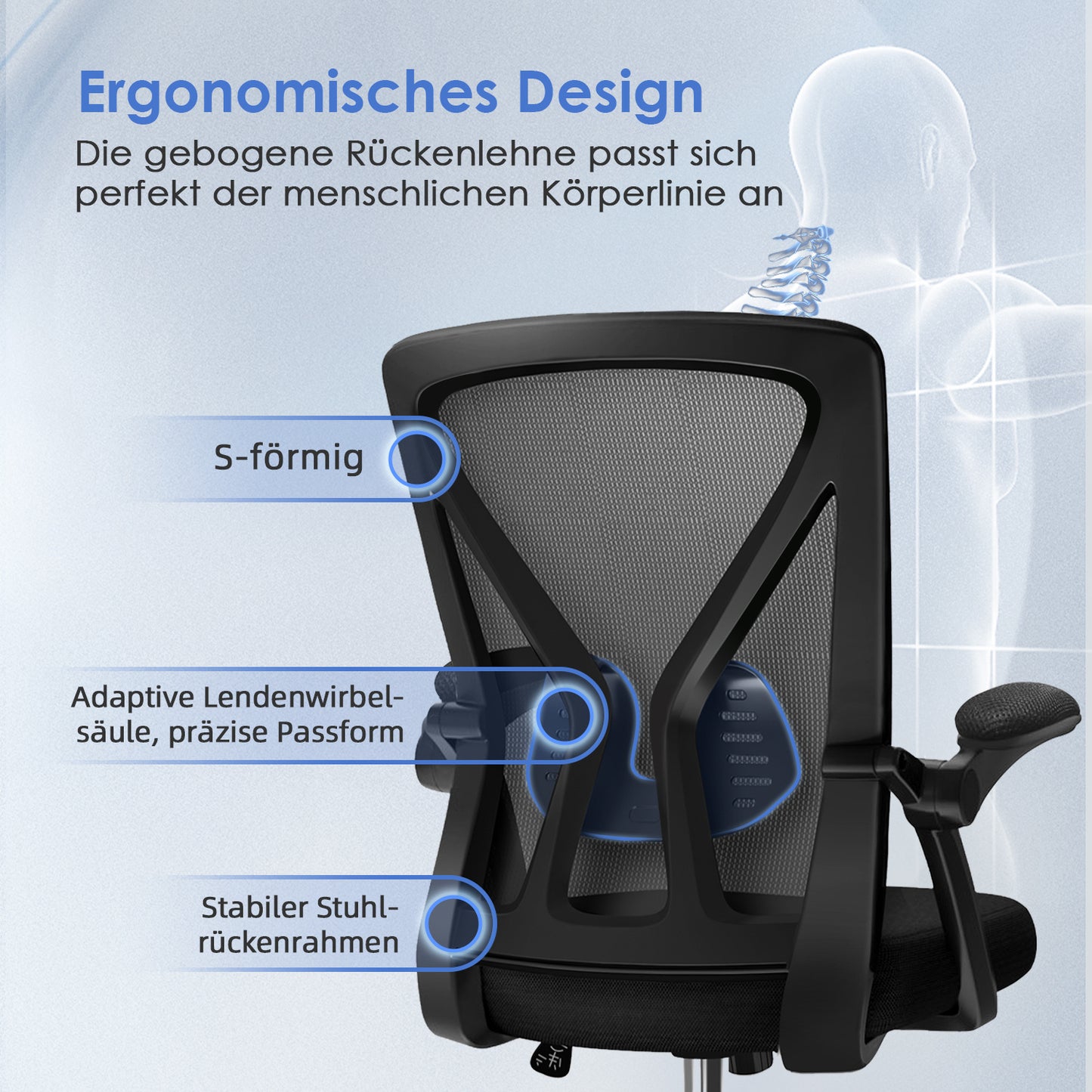 Aiidoits Ergonomic Office Chair with Breathable Mesh Back, Foldable Armrests And Adjustable Lumbar Support – Office Chair with Memory Foam Seat, Tilt Function, 360° Rotation And Stable 5-Roller Base – Height Adjustable A