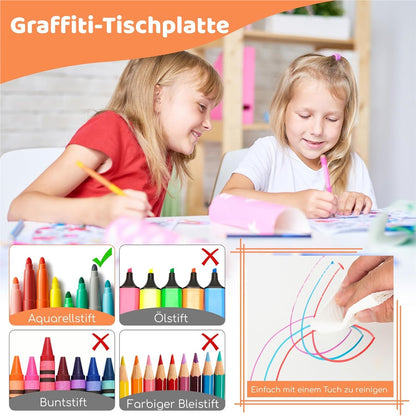 Kinder Tafel – Kindertafel – Speeltafel – Tafel Met Stoelen – Kinderstoel Set – Verstelbare Hoogte – Groot Graffiti Tafelblad 120x60 cm – Natuurlijk Houtkleur