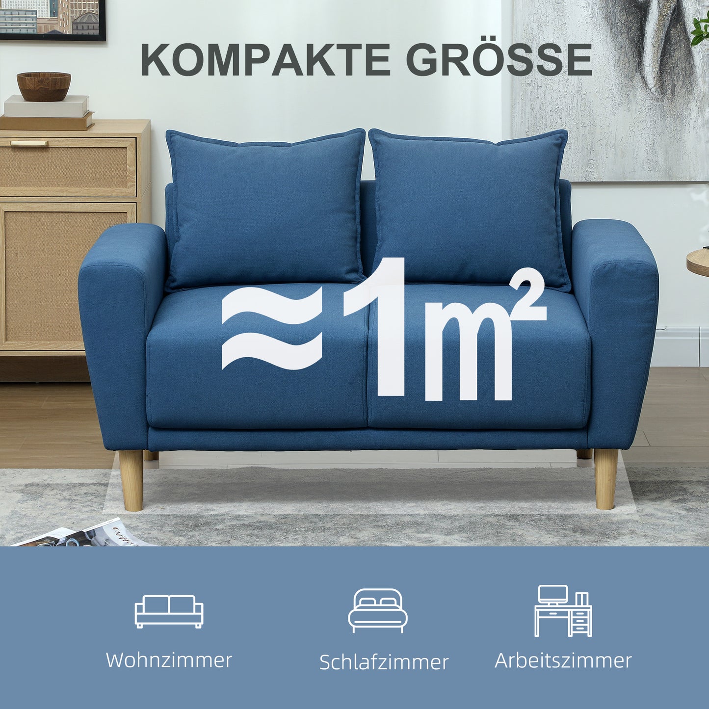 Tweezitsbank – 2-Zitsbank – Loveseat – Sofa – Bankje – Velours Bekleding – Extra Diepe Zit 51 cm – Compact Formaat 133 x 73 x 81 cm – Blauw