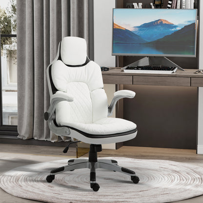 Ergonomische Bureaustoel – Bureaustoel – Kantoorstoel – Werkstoel – Desk Chair – Verstelbare Hoogte – Inklapbare Armleuningen – Kantelbare Rugleuning – Gevoerd PU-Leder – Wit
