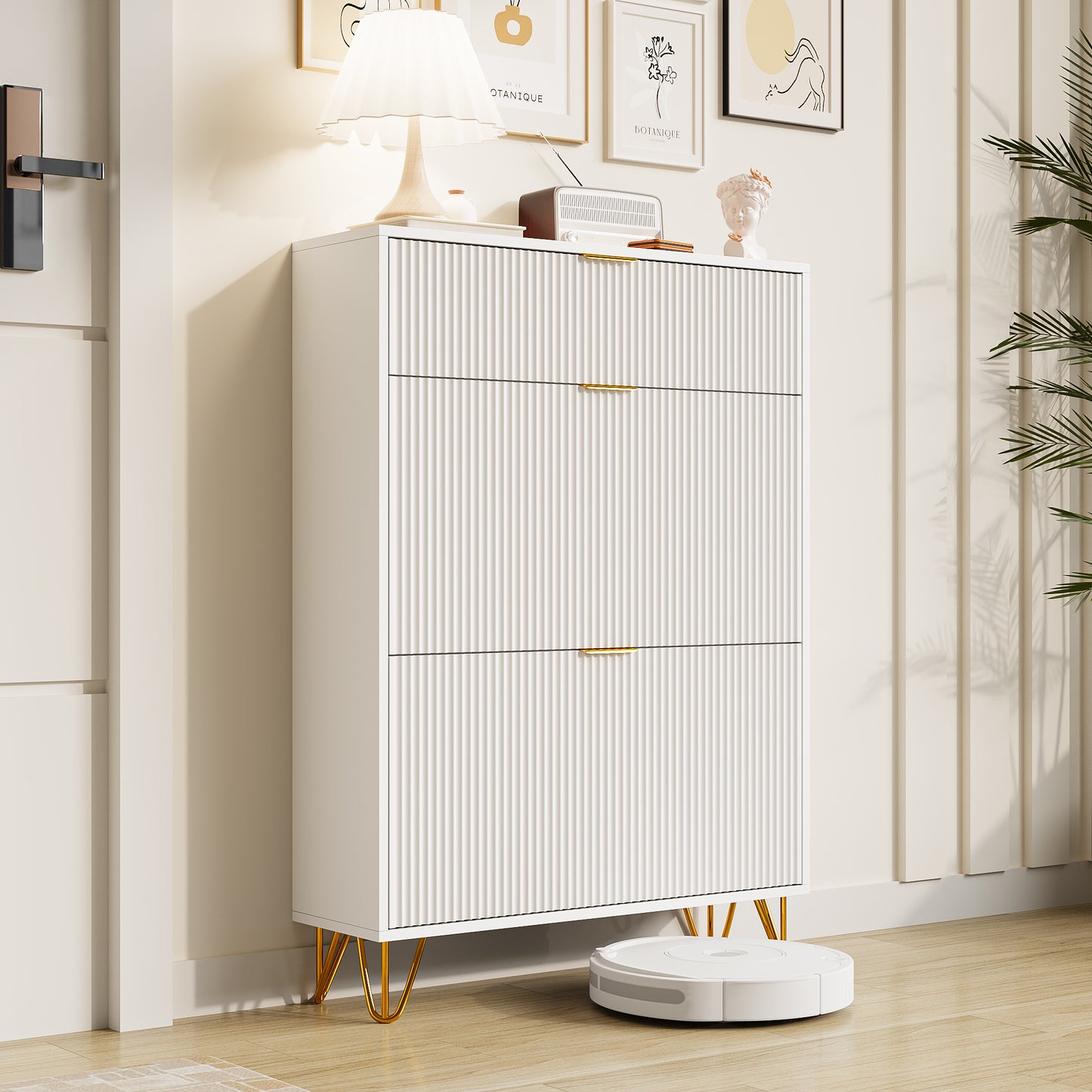 Schoenkast – Schoenmeubel – Schoenopberger – Halmeubel – Kast Voor Schoenen – Met 3 Opbergvakken – Hoogwaardig MDF Met Metalen Accenten – Compact 80x24x118,5 cm – Wit